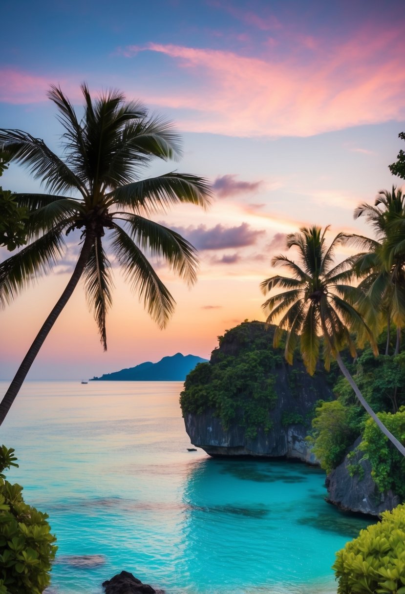 Lush tropical beach with crystal-clear waters, palm trees, and a colorful sunset over the horizon in Bali, Indonesia