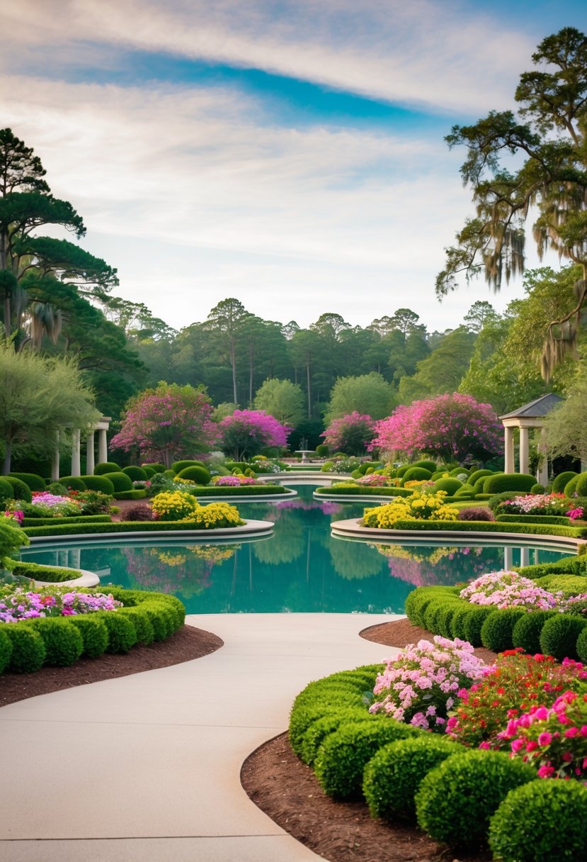 Lush gardens with blooming flowers, winding pathways, and serene lakes at Callaway Gardens in Georgia
