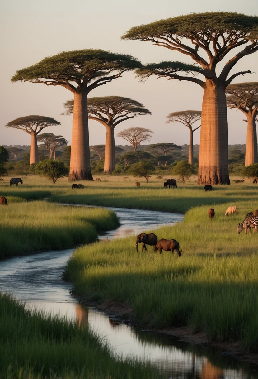 Lush savannah with grazing wildlife, winding rivers, and towering baobab trees in Mole National Park, Ghana