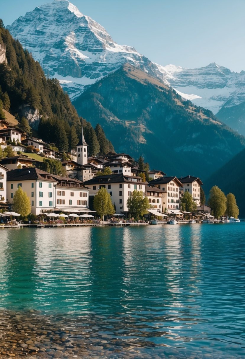A picturesque lakeside town nestled amidst the Southern Alps, with snow-capped peaks, crystal-clear waters, and charming alpine architecture