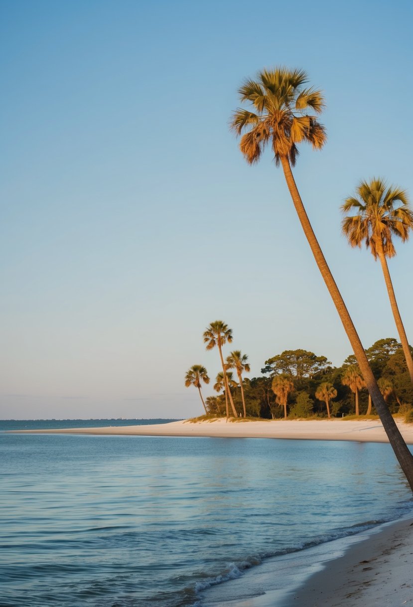A serene beach at Jekyll Island, Georgia with palm trees, a calm ocean, and a clear blue sky