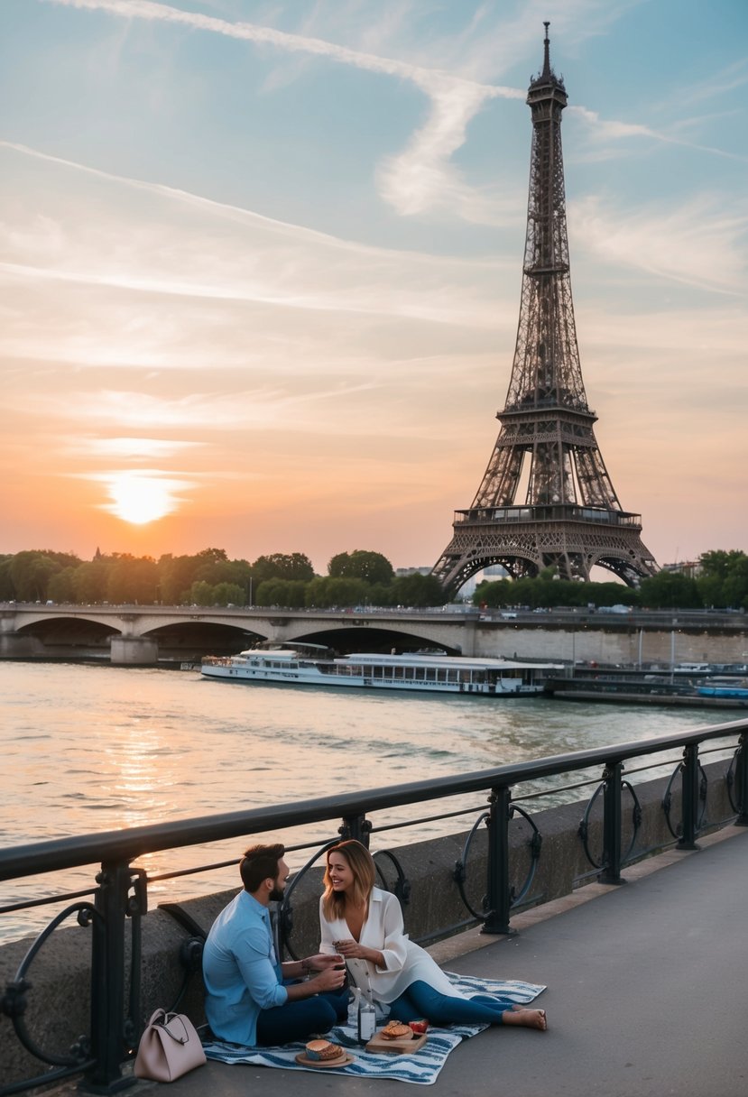 A romantic sunset over the Eiffel Tower, with a couple enjoying a picnic by the Seine River