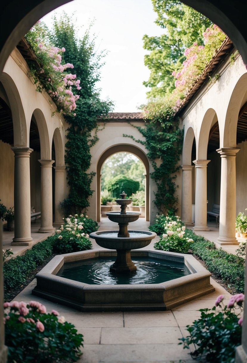 A serene cloister surrounded by lush greenery and blooming flowers, with a peaceful fountain at its center