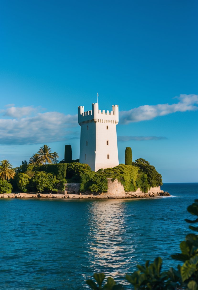 The Elmina Castle stands tall against the bright blue sky, surrounded by lush greenery and the sparkling waters of the Atlantic Ocean