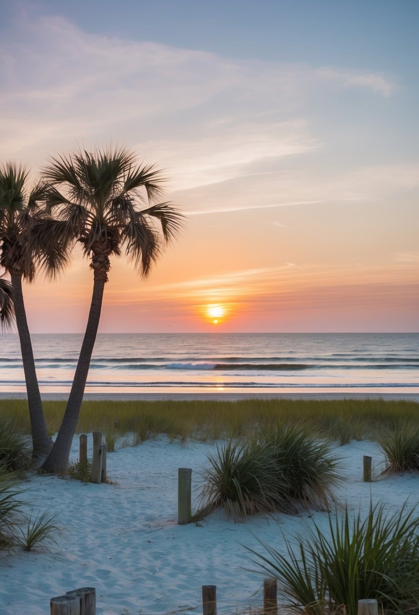 A serene beach at Tybee Island, Georgia, with gentle waves, palm trees, and a colorful sunset