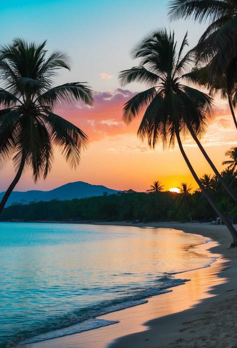 A serene beach at Akwidaa, Ghana, with palm trees, clear blue water, and a colorful sunset casting a warm glow over the landscape