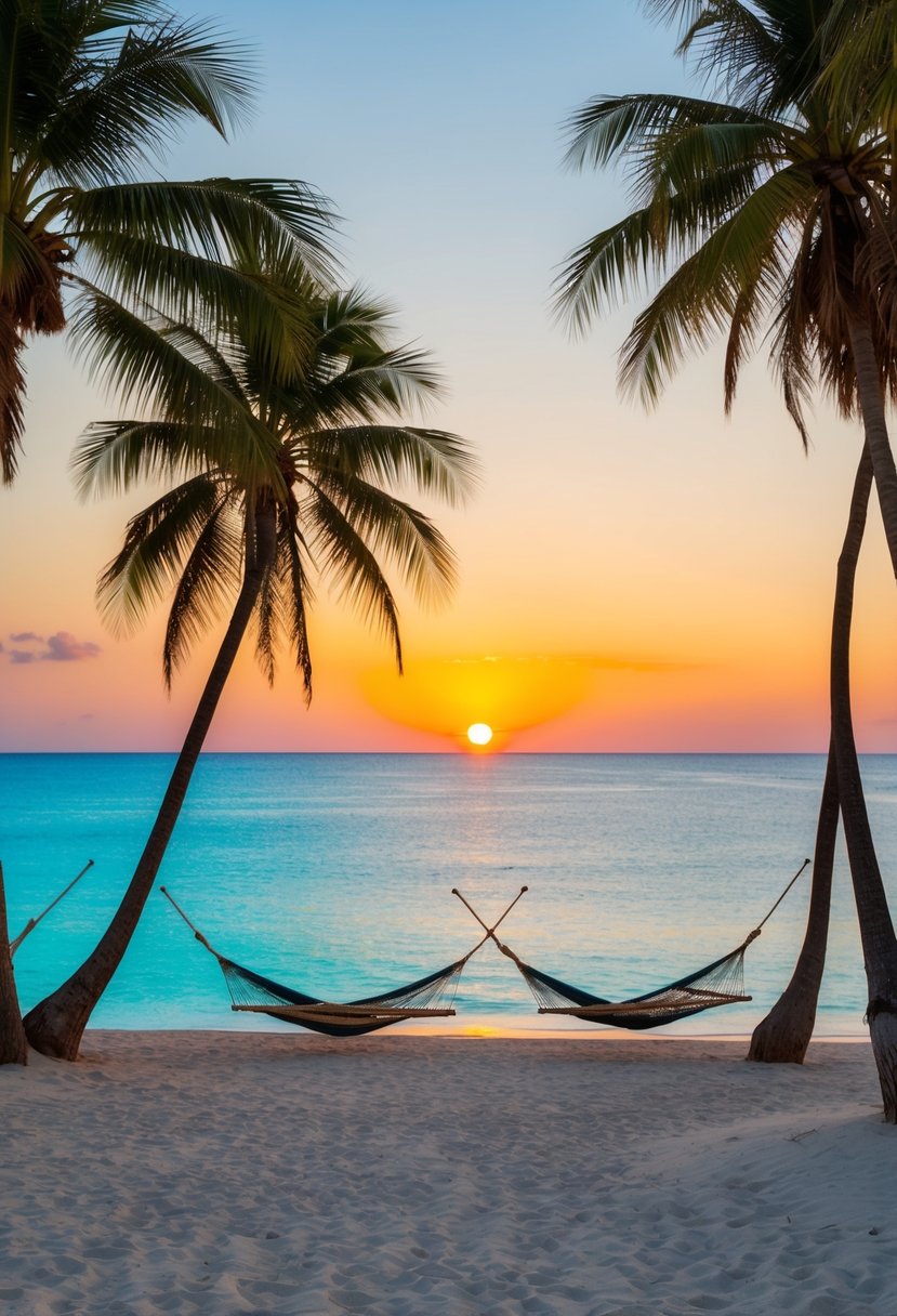 A beautiful sunset over crystal clear waters, palm trees lining the sandy beach, and a couple of hammocks swaying in the gentle breeze