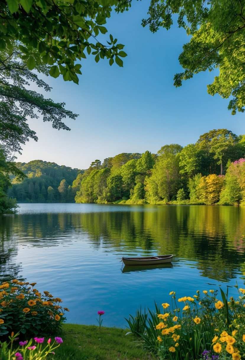 A serene lake surrounded by lush greenery and colorful flowers, with a clear blue sky and a small boat floating on the water