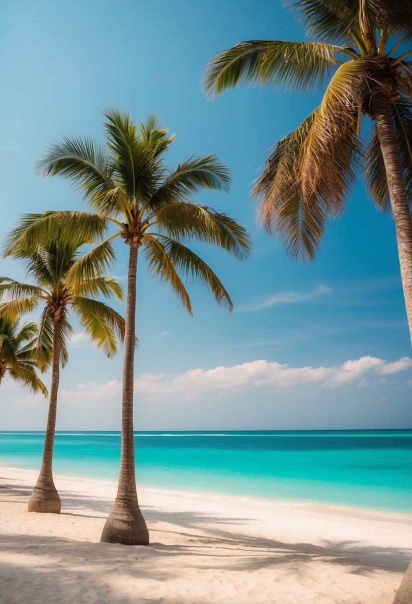 A serene beach with palm trees and turquoise water in Tulum, Mexico