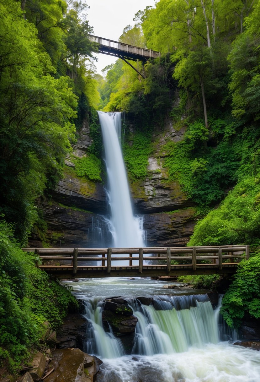 Lush greenery surrounds a cascading waterfall at Amicalola Falls State Park, with a rustic wooden bridge crossing the rushing waters