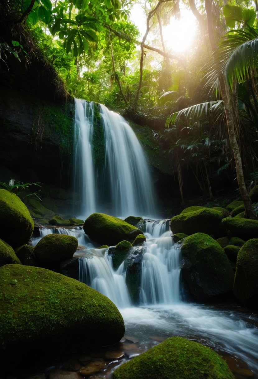 A serene waterfall cascades over moss-covered rocks in a lush Ghanaian jungle. Sunlight filters through the canopy, creating a tranquil and romantic atmosphere