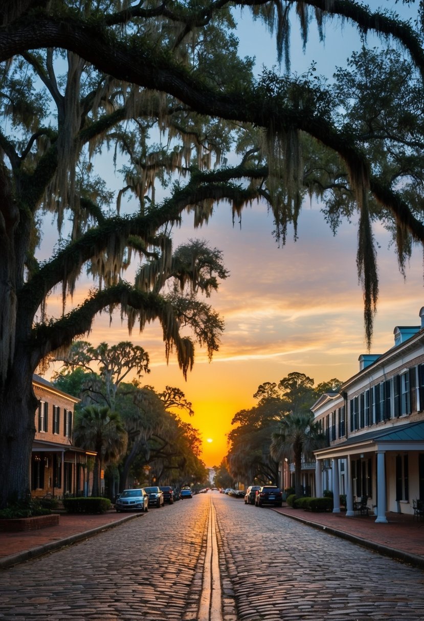 A romantic sunset over the historic cobblestone streets and Spanish moss-draped oak trees of Savannah, Georgia, USA