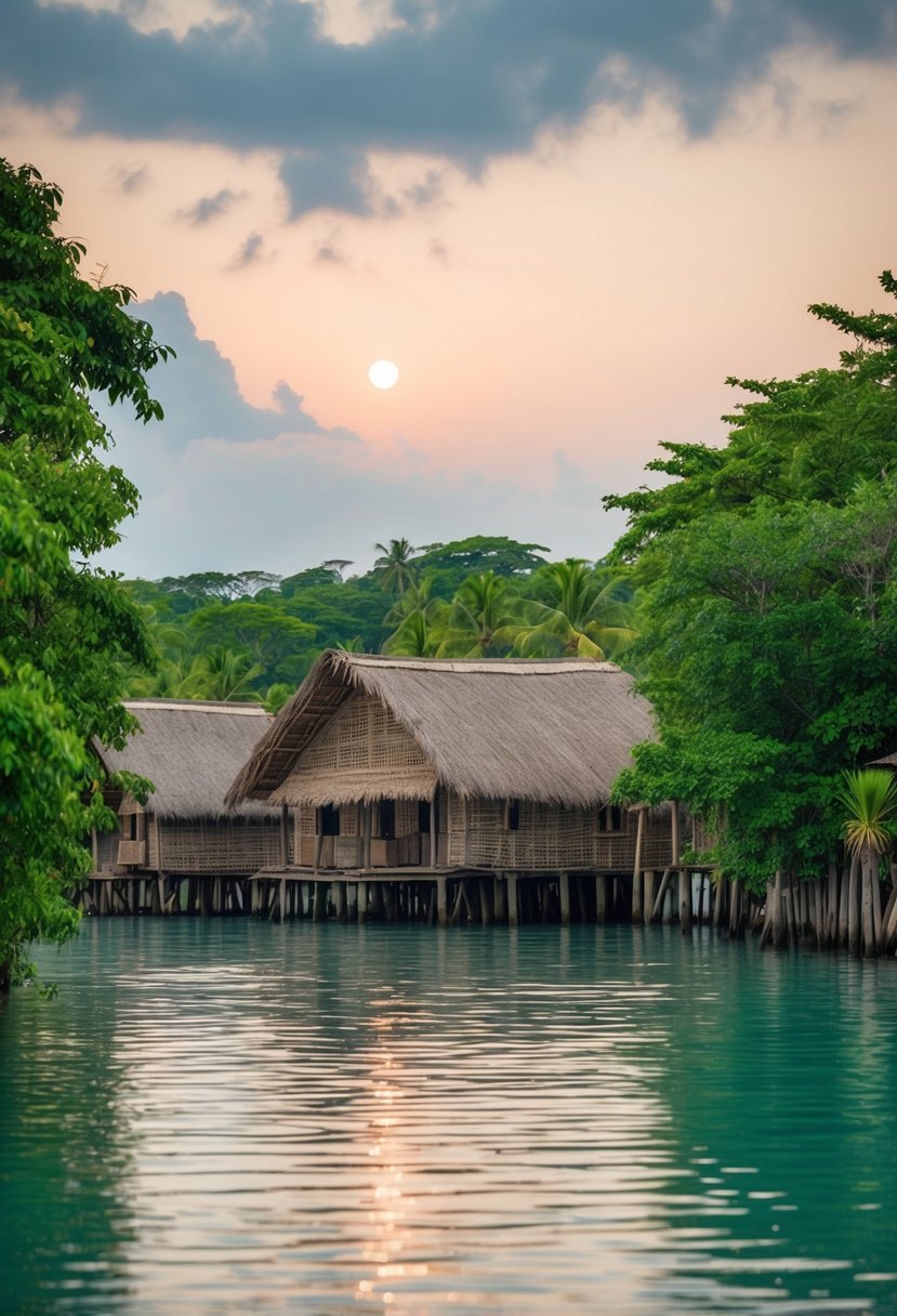 A tranquil stilt village in Ghana, surrounded by lush greenery and calm waters, perfect for a romantic honeymoon getaway