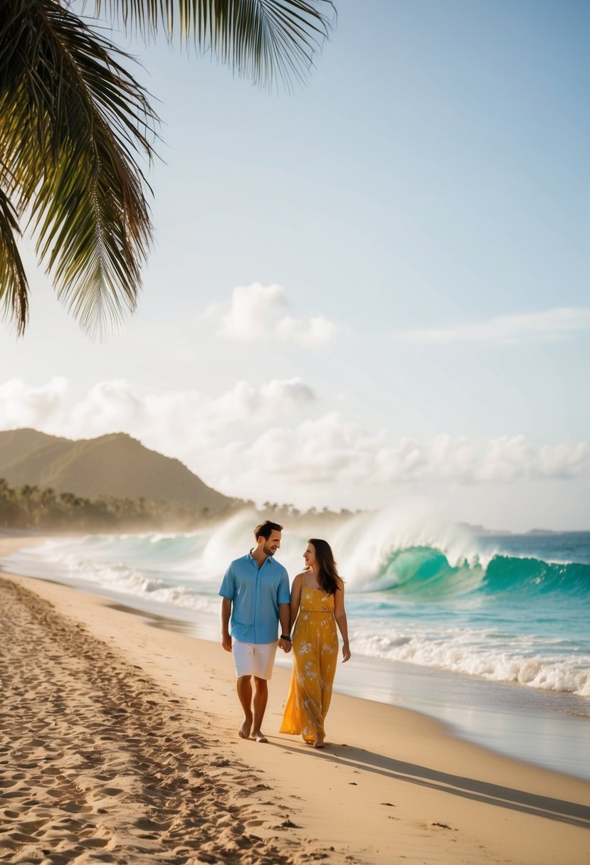 A couple strolling along the palm-fringed golden sand of Busua Beach, with turquoise waves crashing in the background
