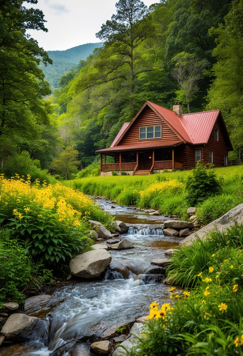 A cozy cabin nestled in the lush mountains of Helen, Georgia, with a bubbling creek and blooming wildflowers nearby