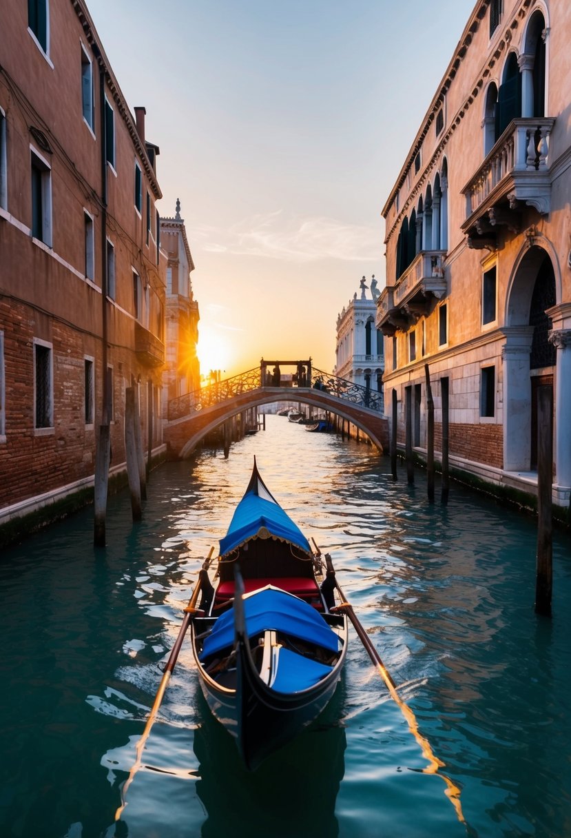 A gondola glides through the narrow canals of Venice, passing by historic buildings and charming bridges under the warm glow of the setting sun