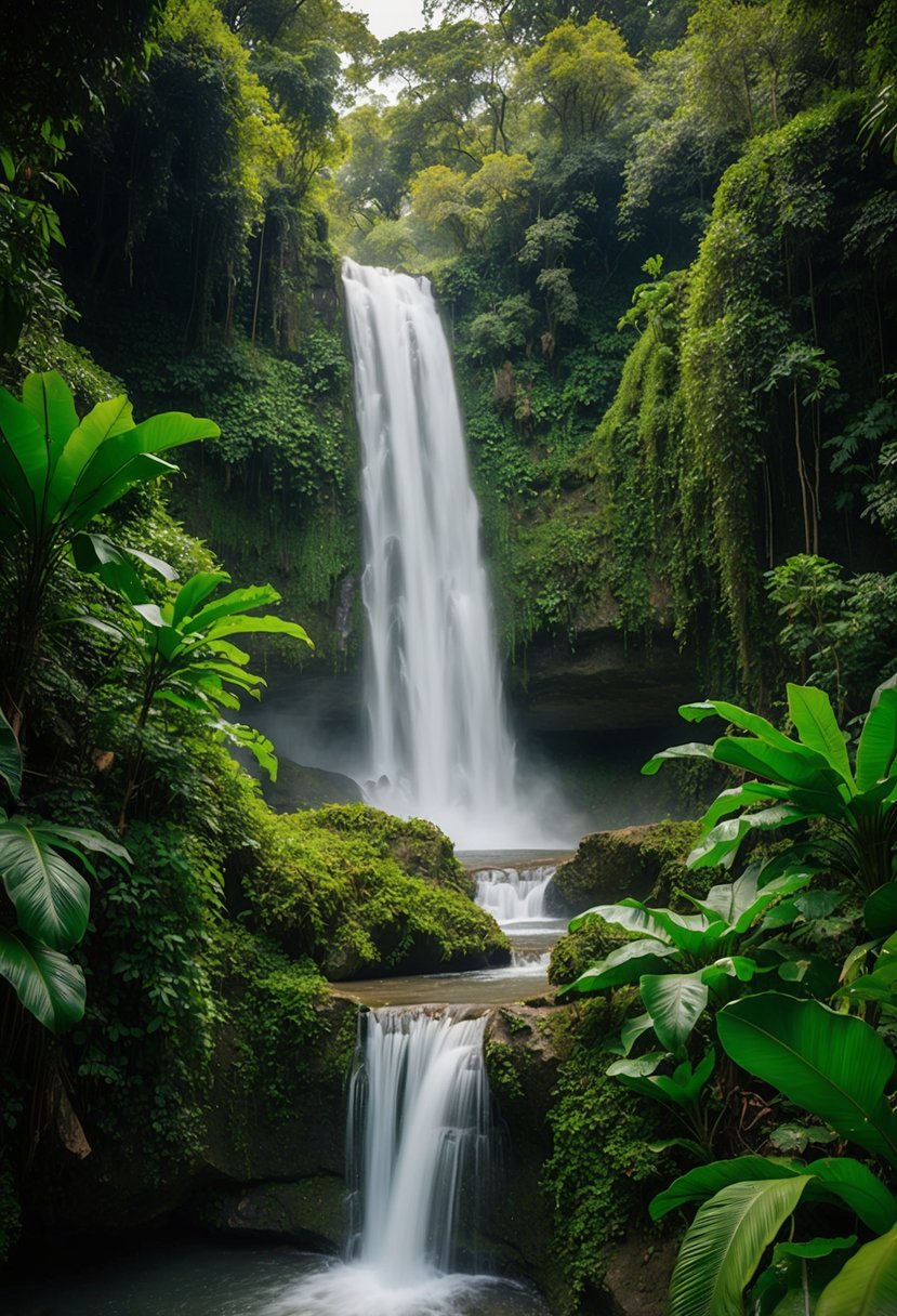 Lush jungle canopy with cascading waterfalls and vibrant wildlife in Ankasa Conservation Area, Ghana