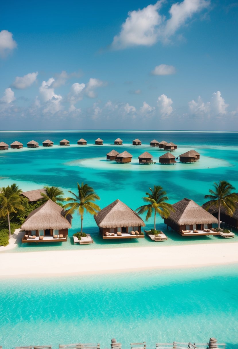 Turquoise waters surround overwater bungalows on a secluded Maldives island, with palm trees and white sandy beaches