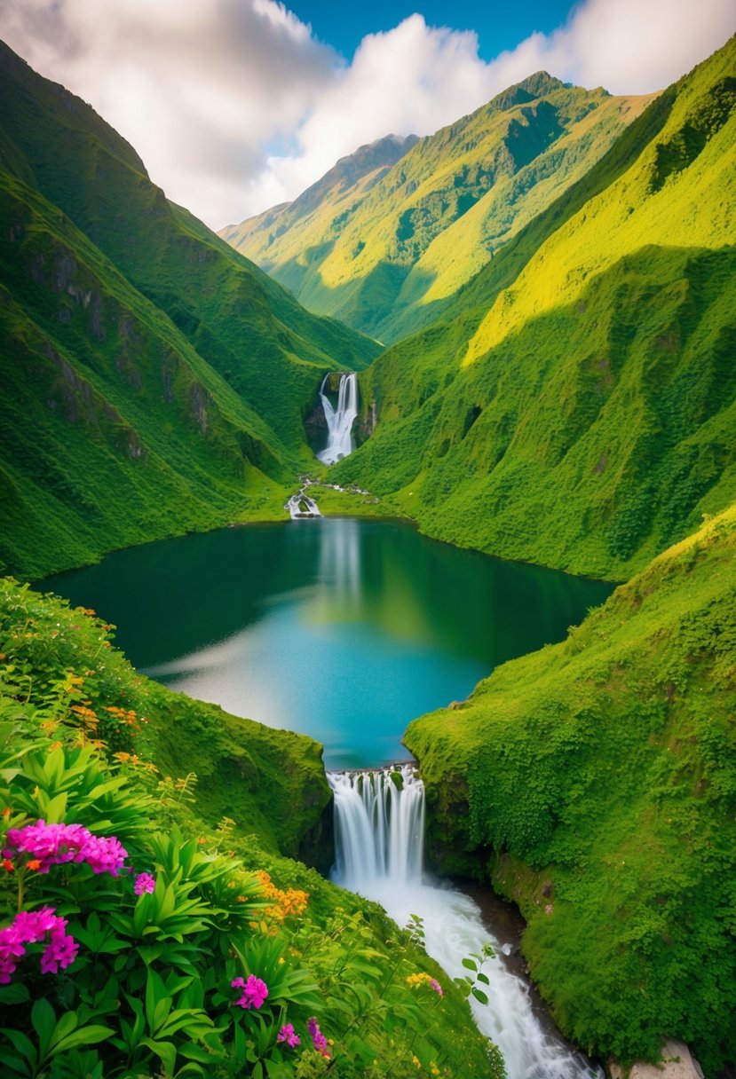 Lush green mountains with cascading waterfalls and a serene lake nestled in between, surrounded by vibrant flora and fauna