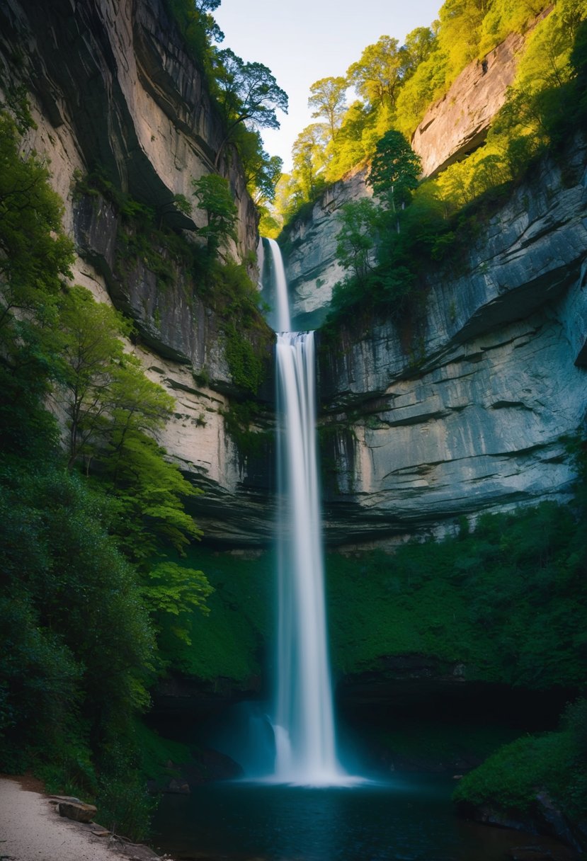 A serene waterfall cascades into a deep, lush gorge surrounded by towering cliffs and verdant forests in Tallulah Gorge State Park, Georgia