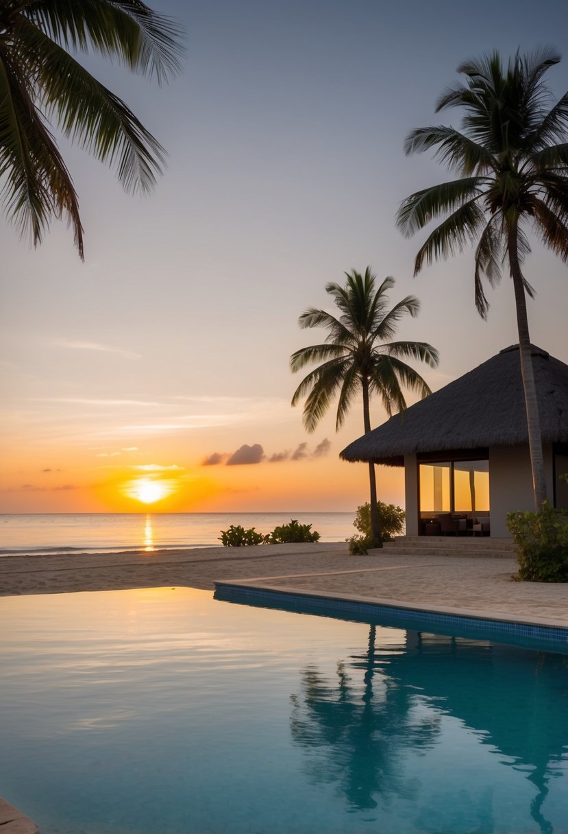 A serene beach at sunset, with palm trees and a secluded bungalow, overlooking the crystal-clear waters of Ghana's Northern Region