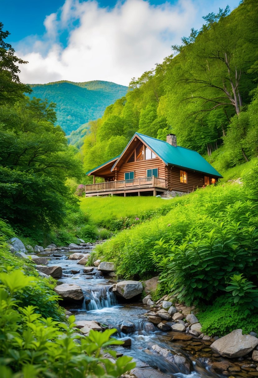 A cozy cabin nestled in the lush Blue Ridge Mountains, surrounded by vibrant greenery and a tranquil stream flowing nearby
