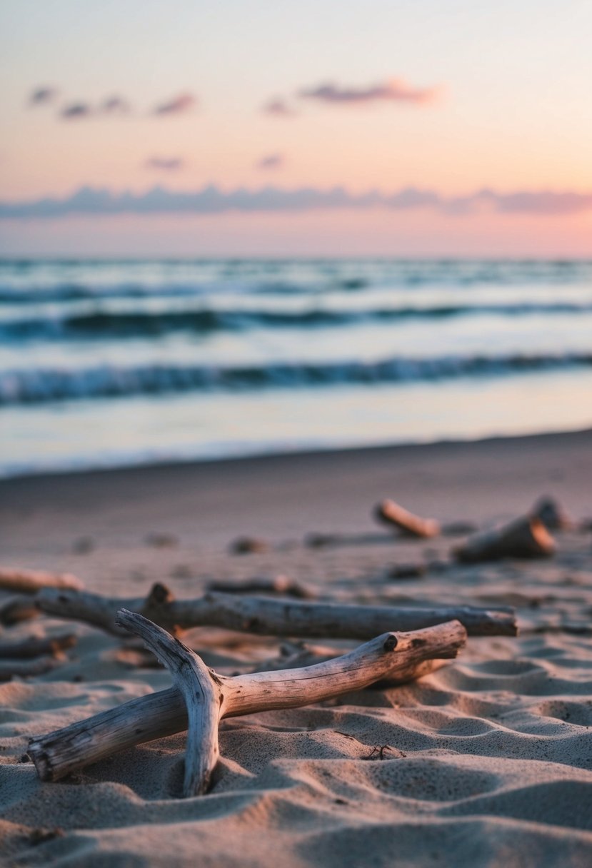 A serene beach at sunset, with scattered driftwood and calm waves, perfect for a romantic honeymoon getaway in Georgia