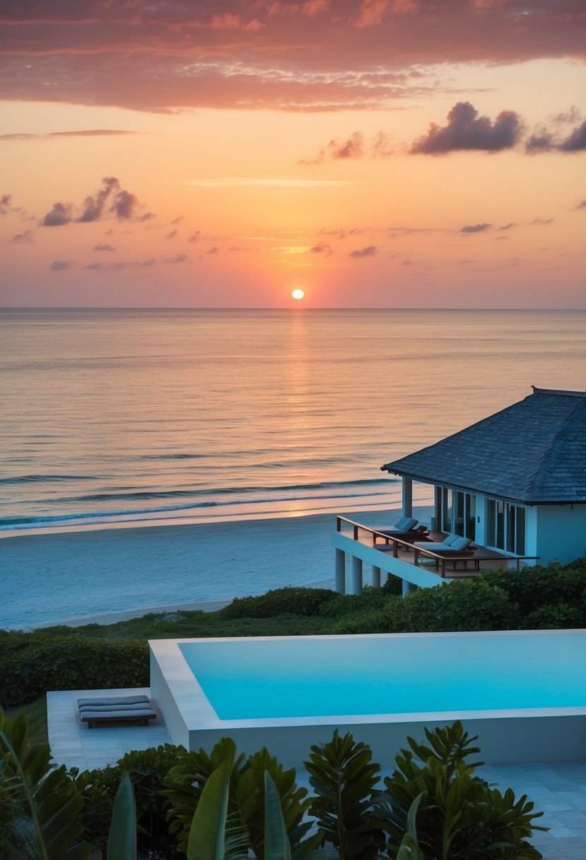 A secluded beach at sunset, with a cozy beachfront villa and a private infinity pool overlooking the ocean