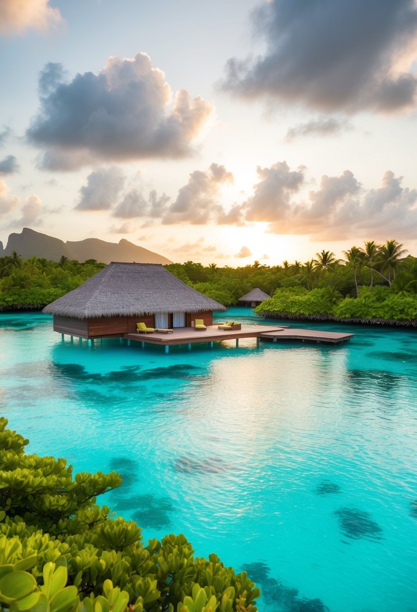 A secluded overwater bungalow in Bora Bora, surrounded by crystal clear turquoise waters and lush greenery, with a private deck and a stunning view of the sunset