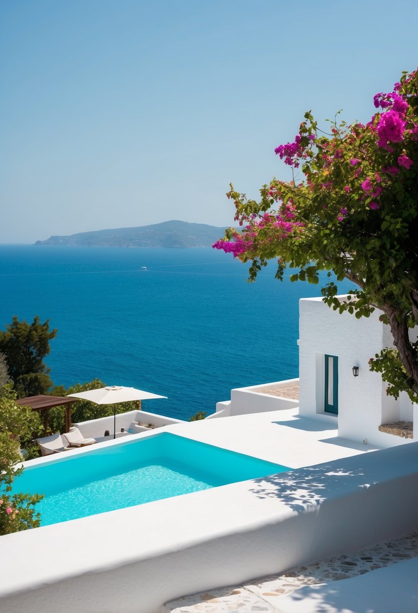 A secluded white-washed villa overlooking the turquoise Aegean Sea, with a private infinity pool and lush bougainvillea-filled courtyard