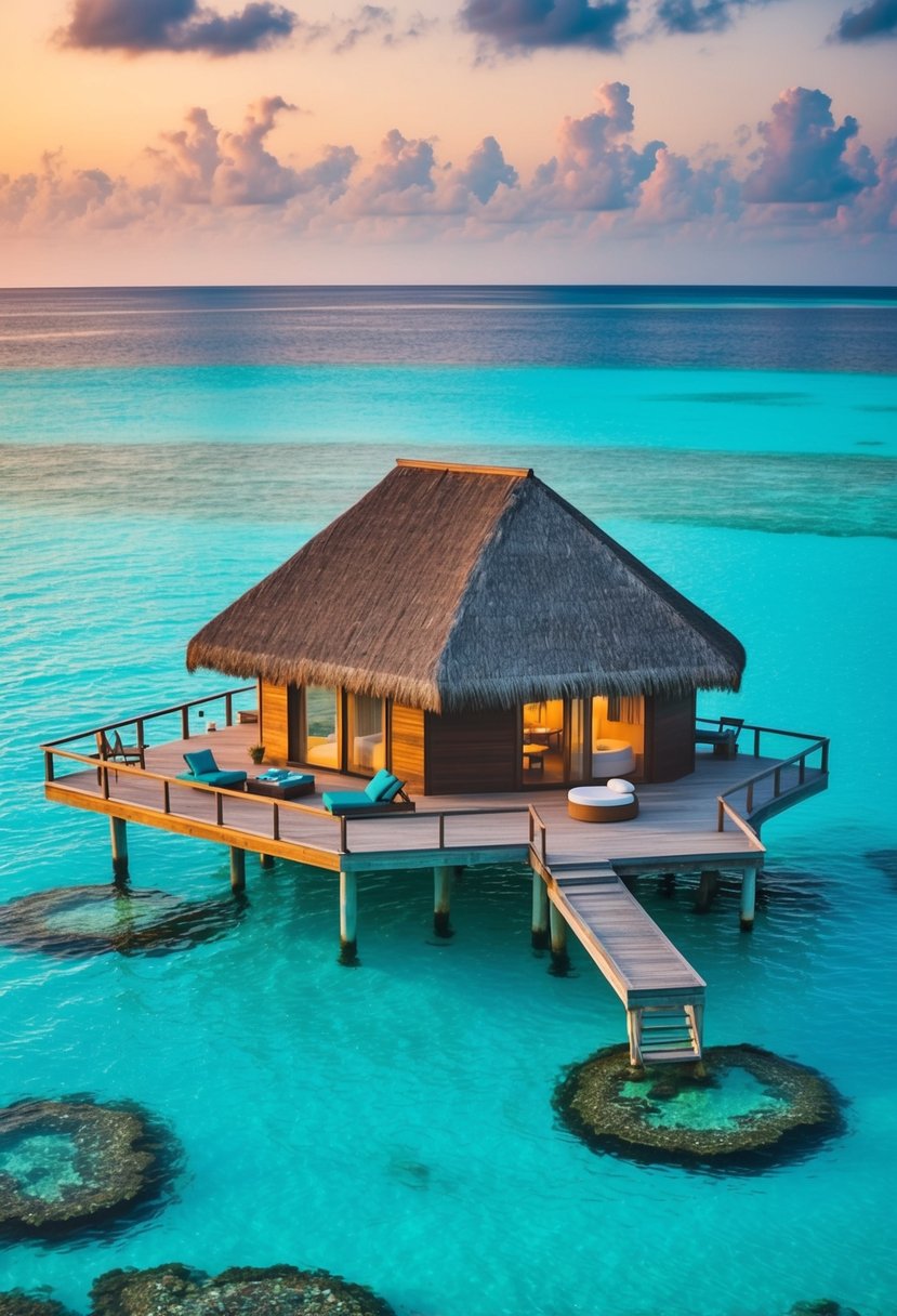 A secluded overwater bungalow in the Maldives, surrounded by crystal-clear turquoise waters and vibrant coral reefs, with a private deck and stunning sunset views