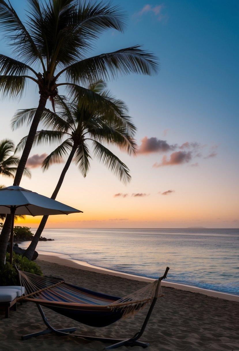 A secluded beach at sunset, with palm trees, a hammock, and a private cabana overlooking the ocean in Maui, Hawaii