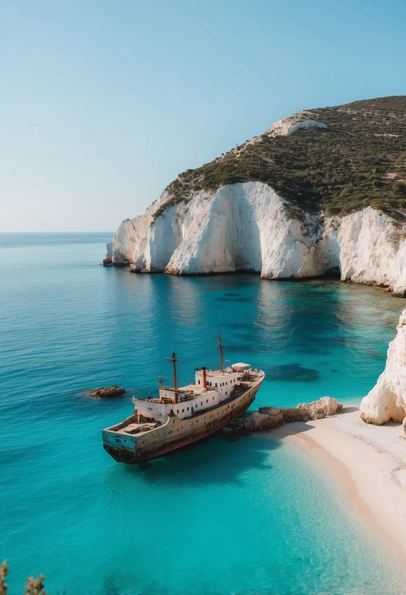 A secluded beach with turquoise waters and a shipwreck nestled among white cliffs in Zakynthos, Greece