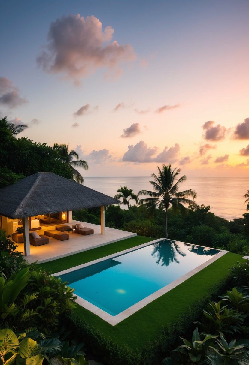A secluded villa nestled in lush, tropical gardens with a private infinity pool overlooking the ocean at sunset
