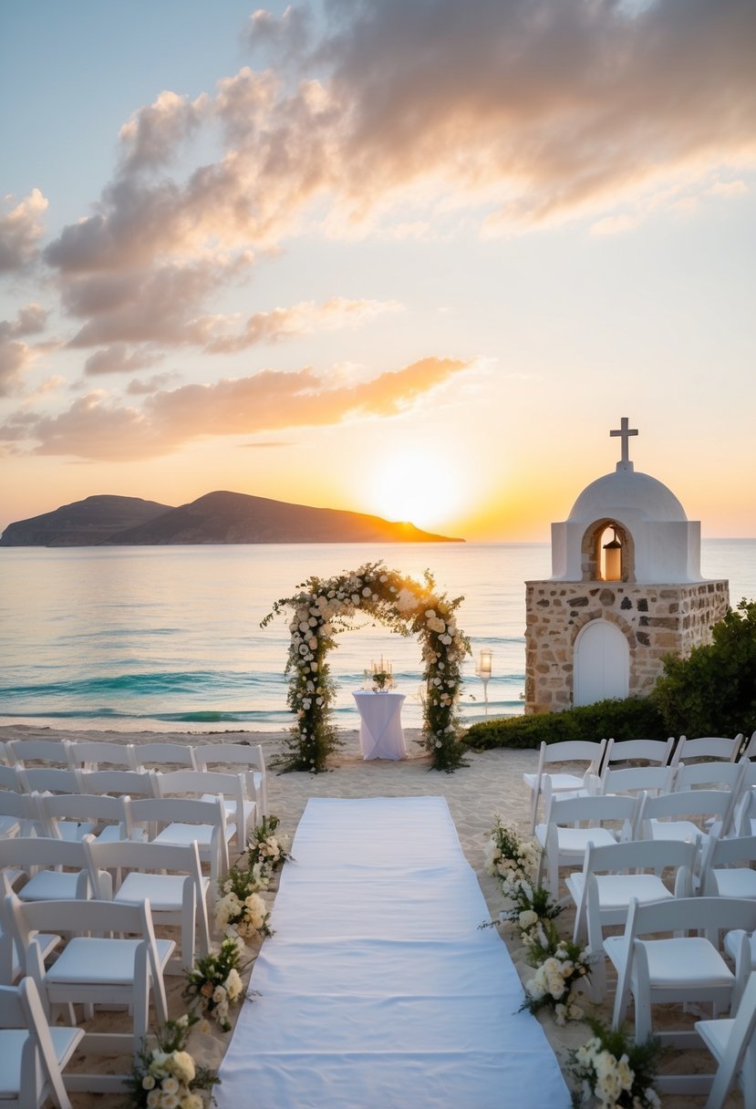 A picturesque beach ceremony with a stunning sunset backdrop on the Greek island of Paros. White sand, crystal-clear waters, and a charming stone chapel