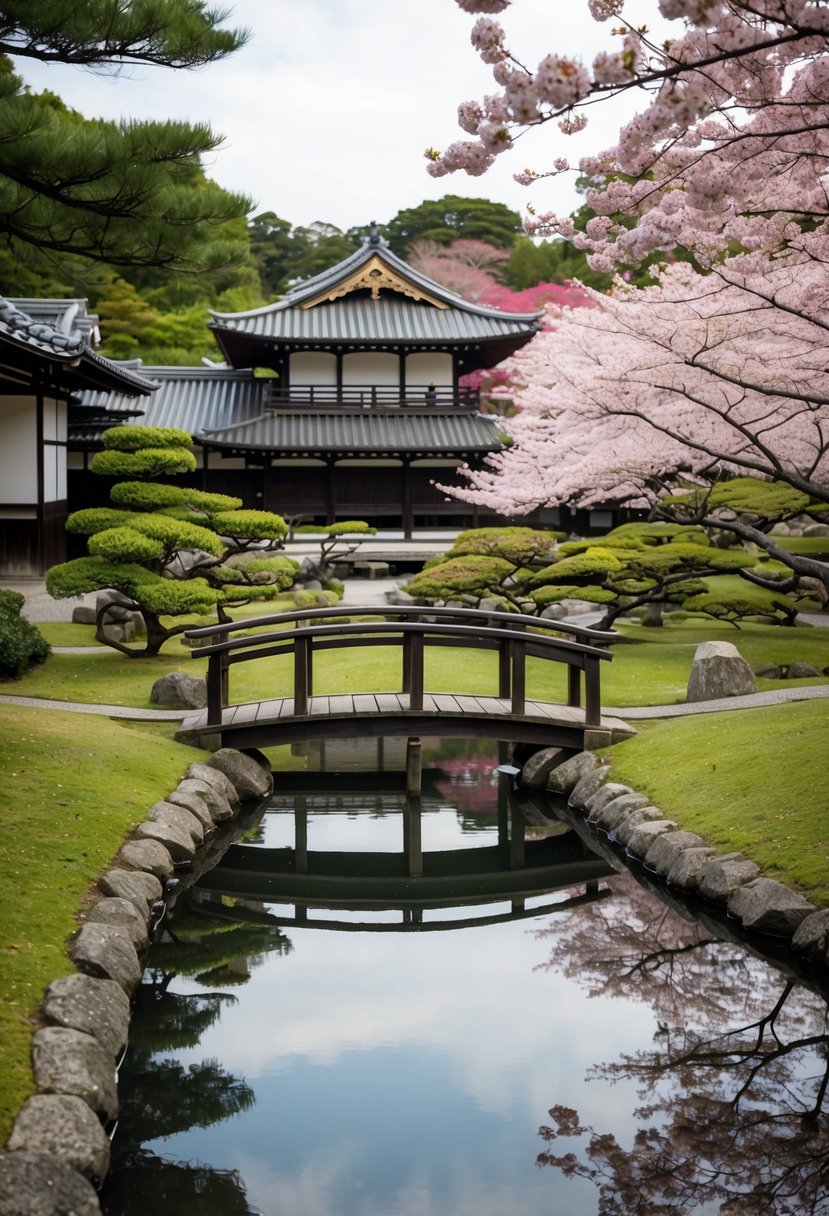 A traditional Japanese garden with a serene pond, blooming cherry blossoms, and a wooden bridge in Kyoto, Japan