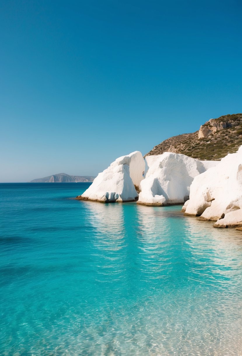 A serene Sarakiniko Beach with white rock formations and crystal-clear turquoise waters under a bright blue sky in Greece