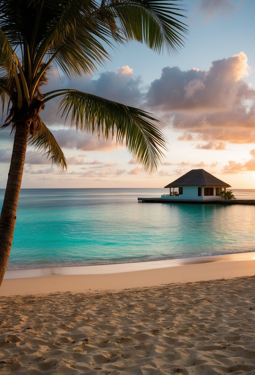 A secluded beach at sunset in Seychelles, Africa. Palm trees, turquoise waters, and a private villa overlooking the ocean