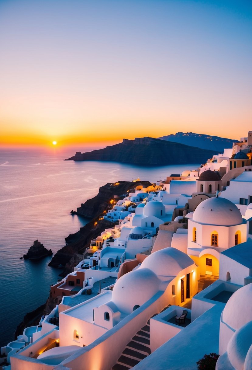 The sun sets over the iconic white buildings of Santorini, casting a warm glow over the island's picturesque cliffs and crystal-clear waters
