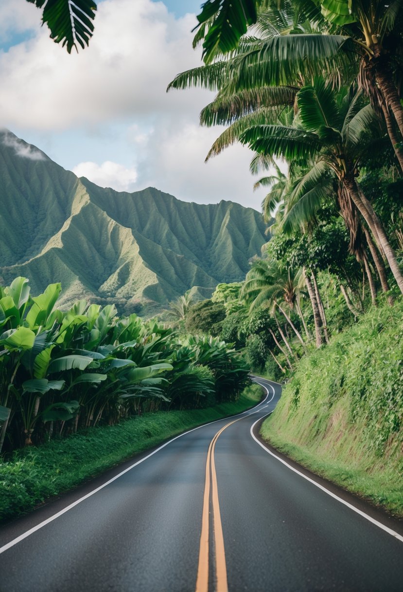 Lush tropical foliage surrounds a secluded, winding road along the Hana Highway in Maui, USA, creating a romantic and intimate atmosphere for honeymooners