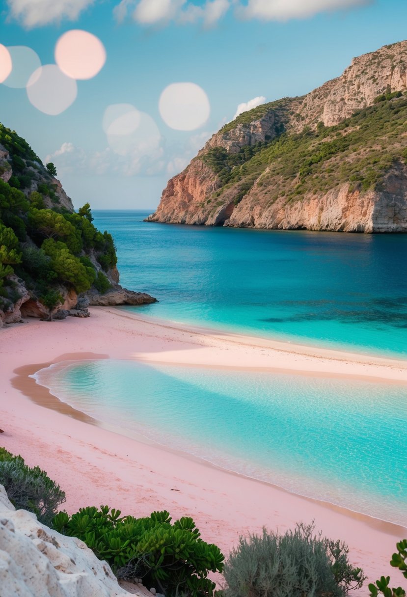 Turquoise waters meet pink sand at Elafonissi Beach, with rugged cliffs and lush greenery in the background