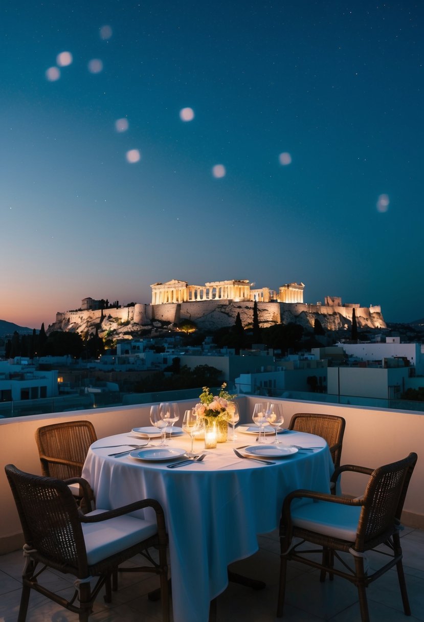 A romantic rooftop dinner overlooks the Acropolis in Athens. Twinkling city lights and a starry sky create a dreamy atmosphere