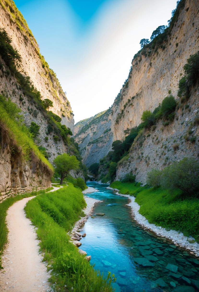 A winding trail through Samaria Gorge, with towering cliffs and lush greenery, leading to a crystal-clear river