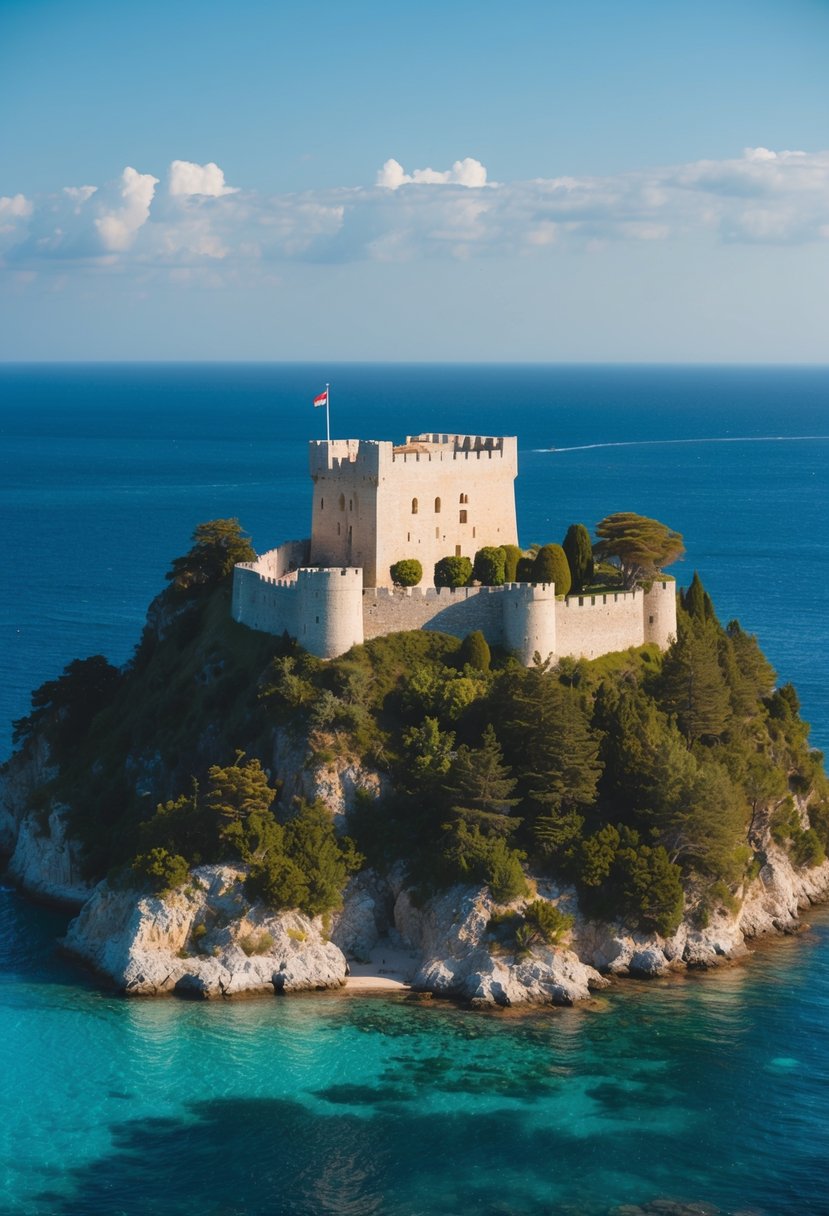 A breathtaking view of Monemvasia Castle perched on a rocky island, surrounded by crystal clear blue waters and lush greenery