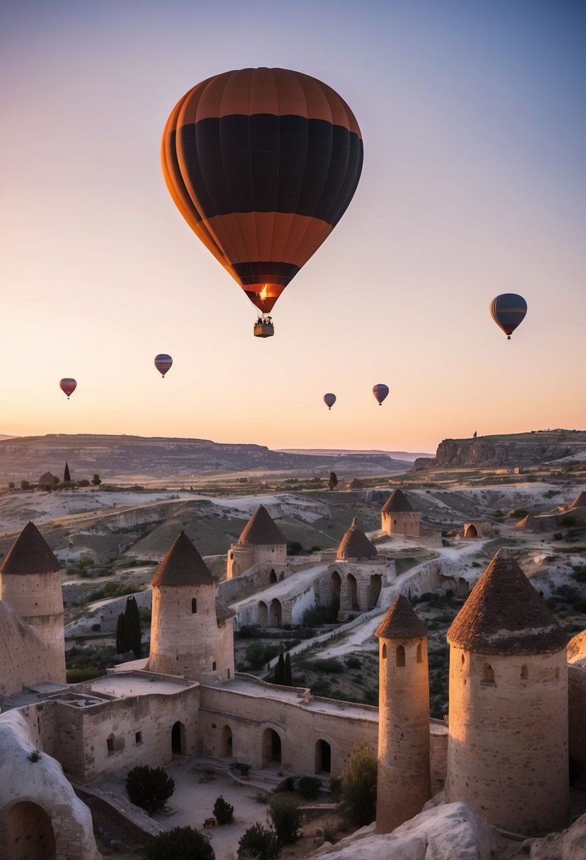 A hot air balloon floats above the otherworldly landscape of Cappadocia, Turkey at sunrise, with fairy chimneys and ancient cave dwellings below