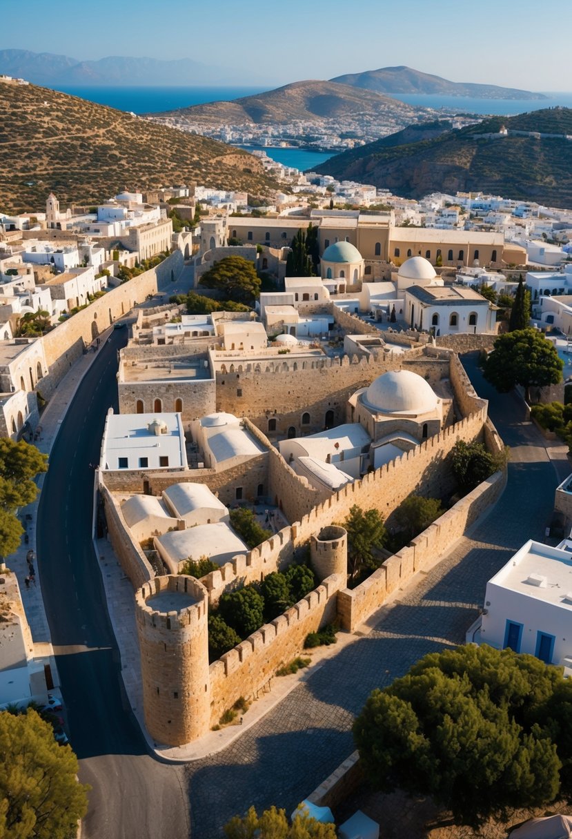 Aerial view of Rhodes' Medieval City with cobblestone streets, ancient walls, and historic buildings nestled within the picturesque Greek landscape
