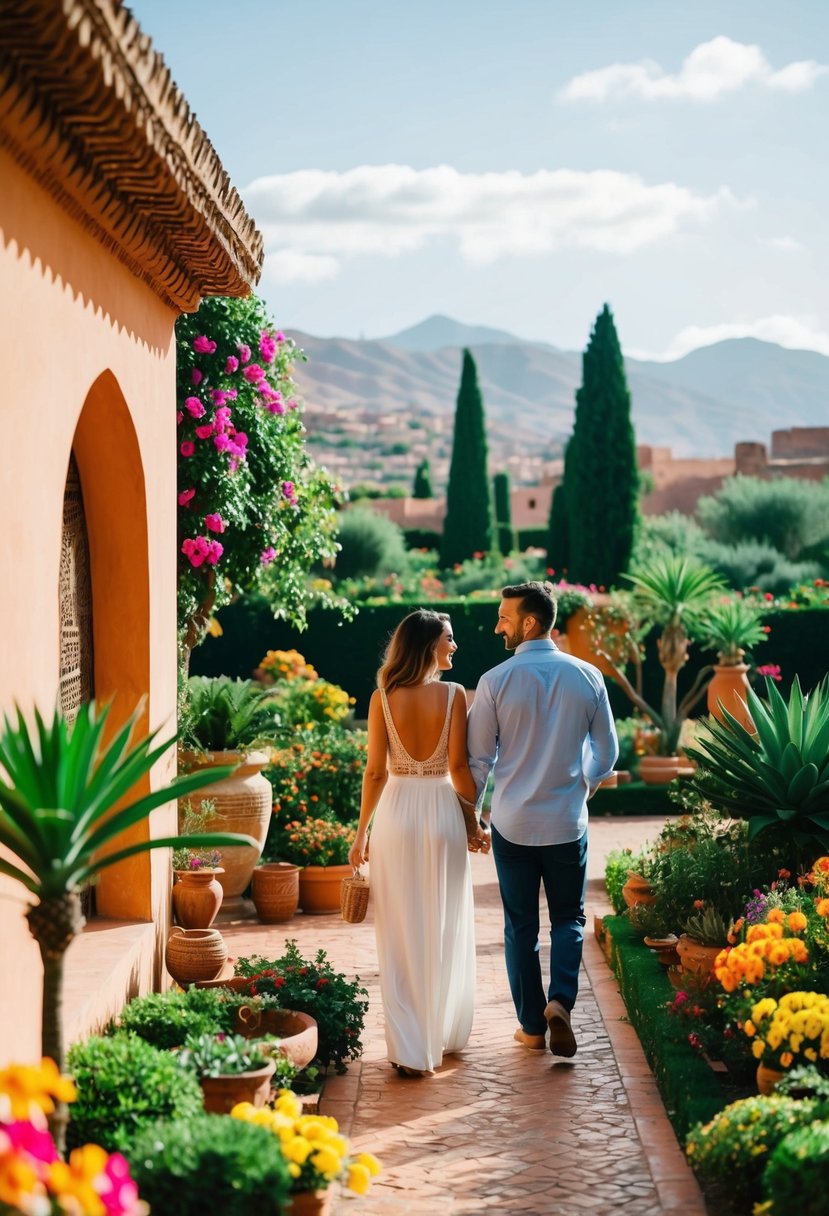 A couple strolling through a lush, private garden in Marrakech, Morocco, surrounded by colorful flowers and exotic plants, with a view of the Atlas Mountains in the distance