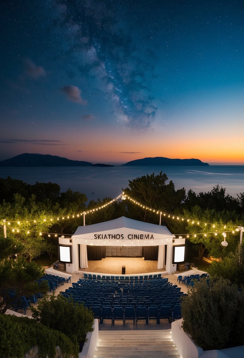 An open-air cinema in Skiathos, Greece, with a romantic setting, surrounded by lush greenery and twinkling lights under the starry night sky