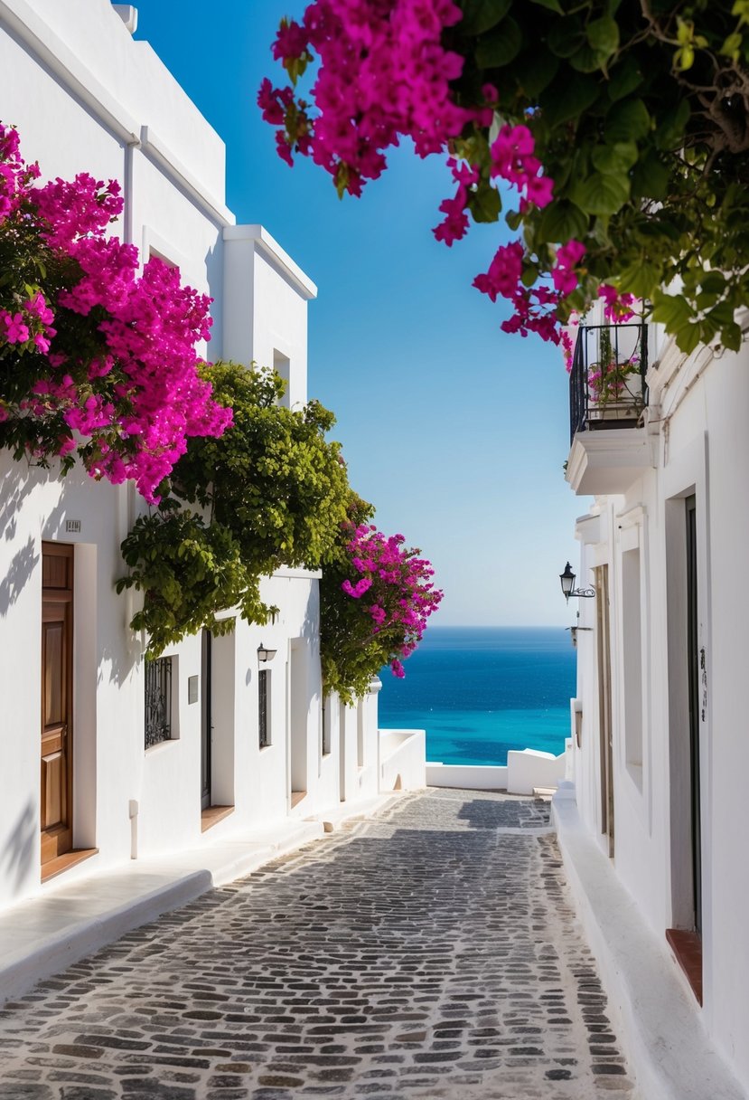 A cobblestone street lined with white buildings and vibrant bougainvillea, with no cars in sight. The crystal-clear waters of the Aegean Sea shimmer in the distance