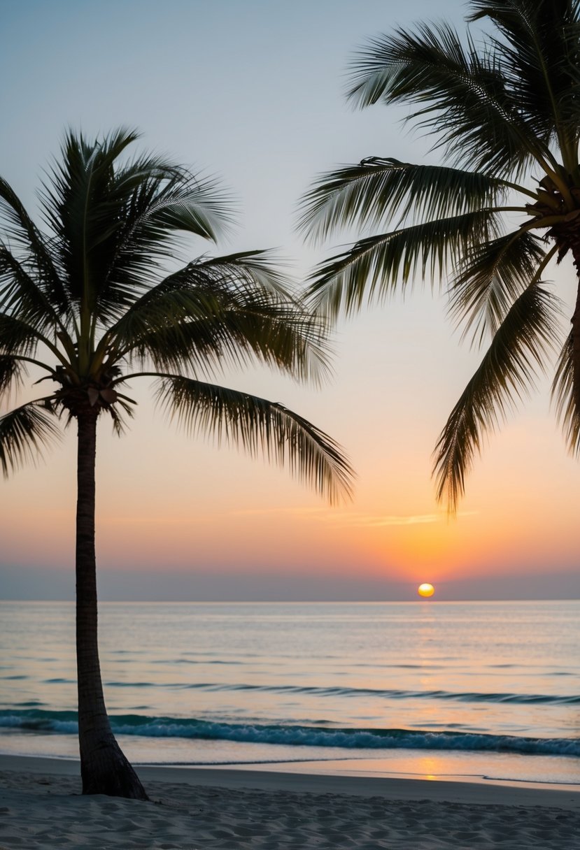 A serene beach at sunset, with palm trees and a calm ocean, perfect for a romantic honeymoon getaway